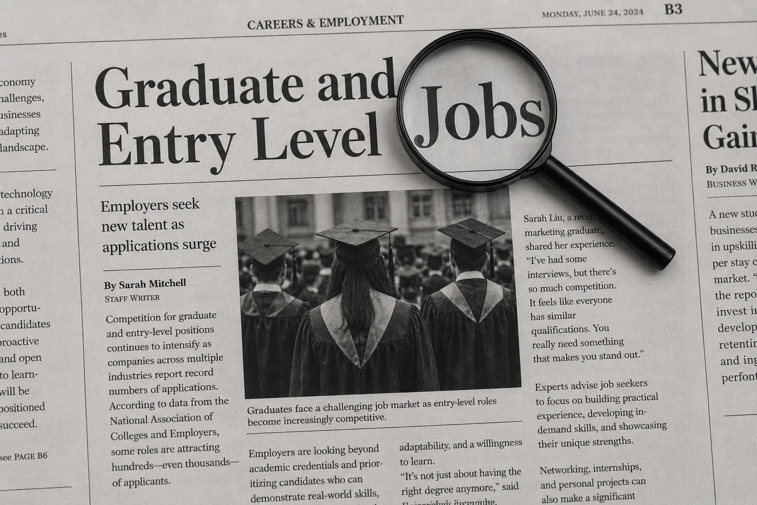 Newspaper headline about graduate and entry-level jobs